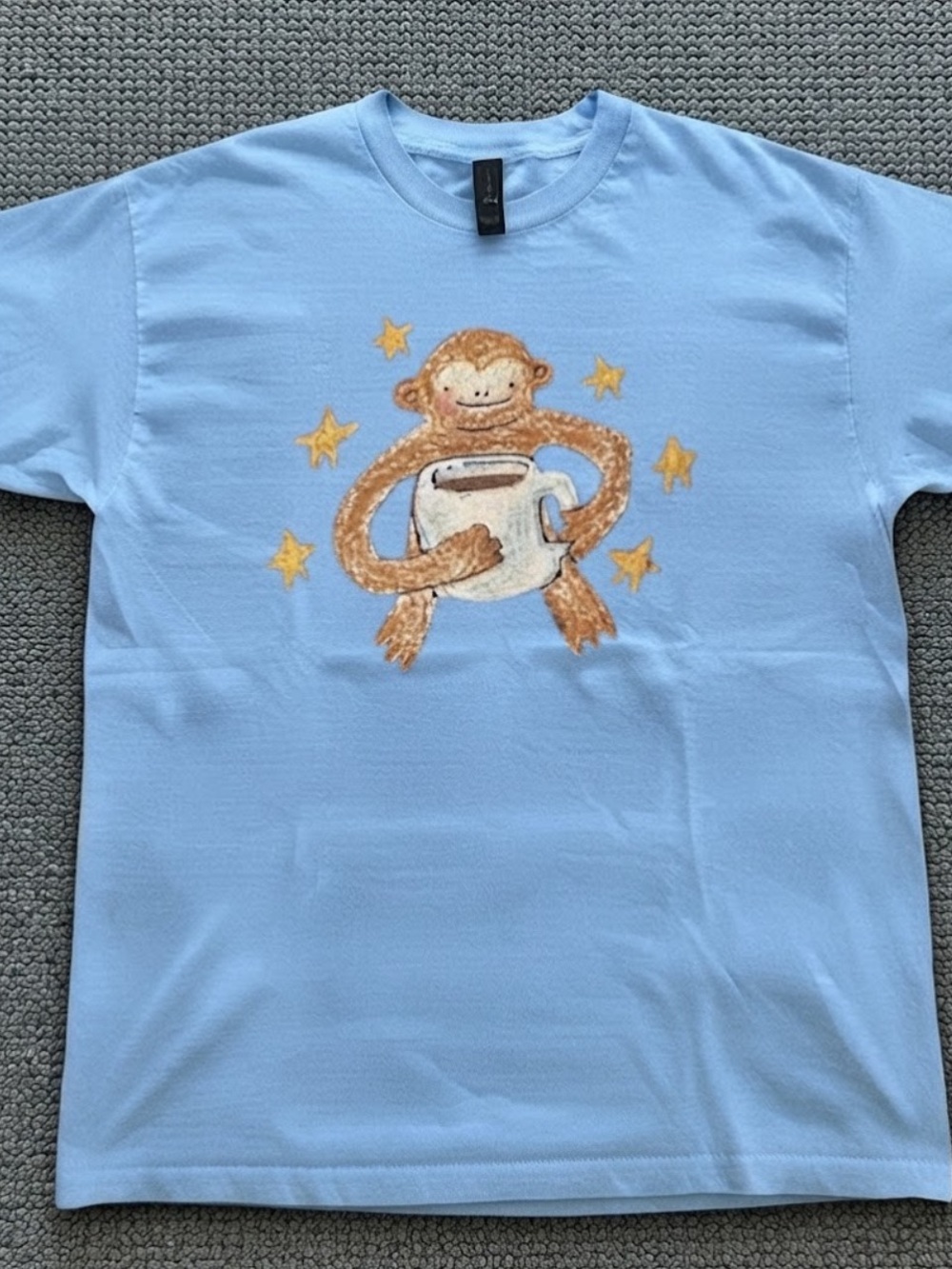 Gildan Light Blue Long Sleeve Tee with Monkey & Mug Graphic